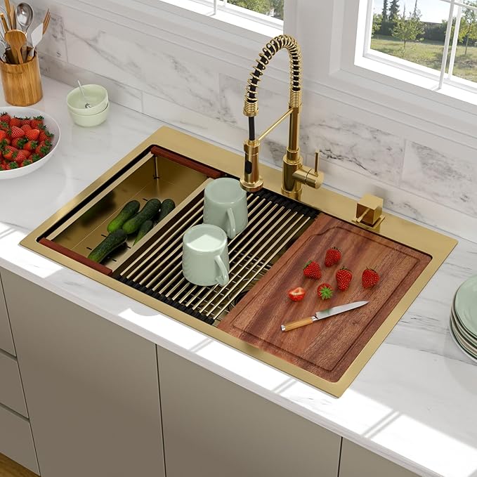 33x22 Drop In Gold Kitchen Sink - Beslend Stainless Steel Ledge Workstation Drop In Kitchen Sinks Gold Sink 16 Gauge Single Bowl Topmount Basin