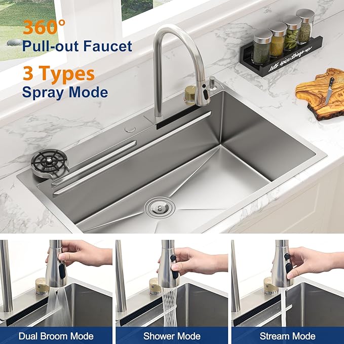 Sarlai 30 Inch Waterfall Kitchen Sink Drop In - 30x22 Waterfall Drop Workstation Stainless Steel 16 Gauge Multifunction Single Bowl Smart Top Mount Kitchen Sink with Faucet Combo