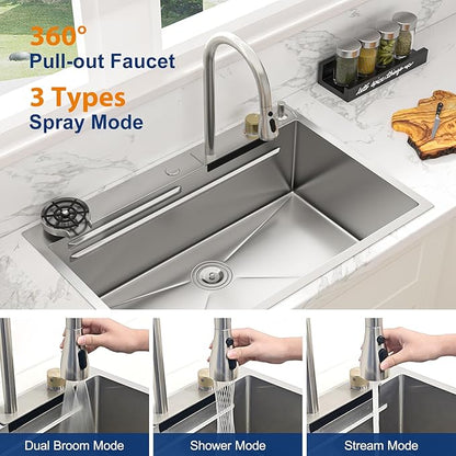 Sarlai 30 Inch Waterfall Kitchen Sink Drop In - 30x22 Waterfall Drop Workstation Stainless Steel 16 Gauge Multifunction Single Bowl Smart Top Mount Kitchen Sink with Faucet Combo