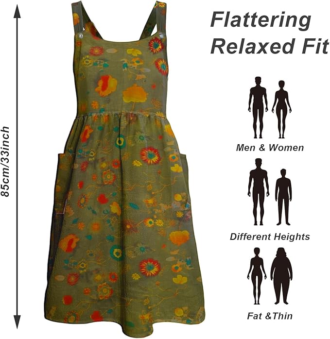 Cityelf Vintage Pinafore Apron Dress Snap Adjust Linen Cotton with Pockets Floral Aprons for Cooking Gardening