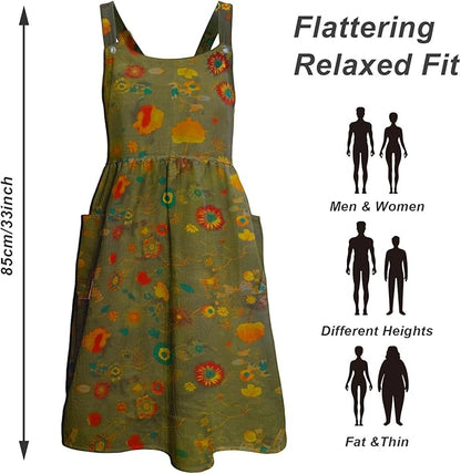 Cityelf Vintage Pinafore Apron Dress Snap Adjust Linen Cotton with Pockets Floral Aprons for Cooking Gardening