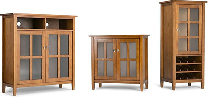 SIMPLIHOME Warm Shaker Storage Cabinet - 32 inch Wide Solid Wood 2-Shelf Low Storage Cabinet in Light Golden Brown, Transitional Accent Cabinet for Entryway with Tempered Glass Doors and Shelves