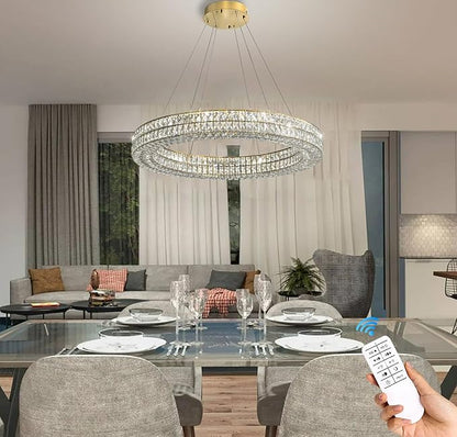 Led 24" Gold Ring Crystal Chandelier, Modern Dimmable Chandeliers Lighting and Hanging Adjustable, LED Round Ceiling Light Fixtures for Dining Room Living Room