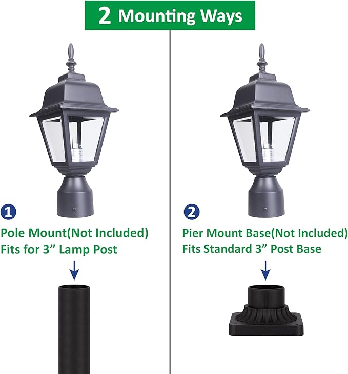 LIT-PaTH Outdoor Post Lighting Fixture Pole Lantern, E26 Medium Base Max 60W, Aluminum Housing Plus Clear Glass, Bulb Not Included, Matte Black Finish, 2-Pack