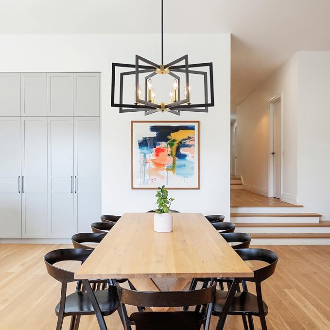 Black and Gold Chandelier 8 Light Large Farmhouse Geometric Chandelier for Dining Room Kitchen Chandeliers Over Table Metal Modern Pendant Lighting Fixtures for Living Room Entryway Foyer Hallway