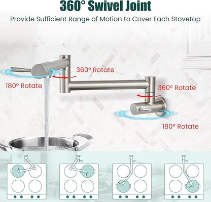 Heyalan Pot Filler 19 Inch Wall Mount Folding Stretchable Kitchen Restaurant Faucet Stainless Steel Pot Filler Double Joint Swing Arm Two Handles Commercial NPT,Straight Handle,Brushed Nickel