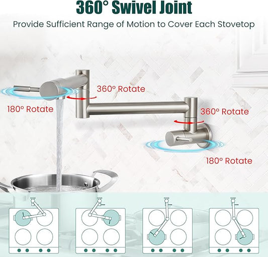 Heyalan Pot Filler 19 Inch Wall Mount Folding Stretchable Kitchen Restaurant Faucet Stainless Steel Pot Filler Double Joint Swing Arm Two Handles Commercial NPT,Straight Handle,Brushed Nickel