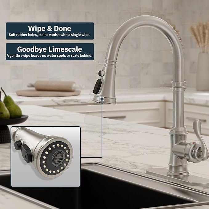 BWE Brushed Nickel Kitchen Faucet with Pull Down Sprayer, Solid Brass Single Handle High Arc Kitchen Sink Faucet, 3 Spray Modes, Deck Plate Included, Farmhouse Bar Kitchen Faucet