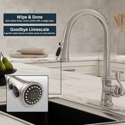 BWE Brushed Nickel Kitchen Faucet with Pull Down Sprayer, Solid Brass Single Handle High Arc Kitchen Sink Faucet, 3 Spray Modes, Deck Plate Included, Farmhouse Bar Kitchen Faucet