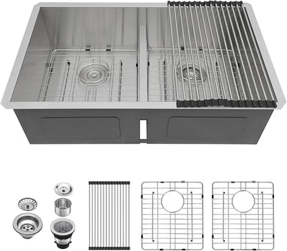Lordear 32 Inch Undermount Double Bowl Kitchen Sink 16 Gauge Stainless Steel Double Bowl with Low Divider 32x19 Inch Double Basin Kitchen Sinks 50/50 Handmade