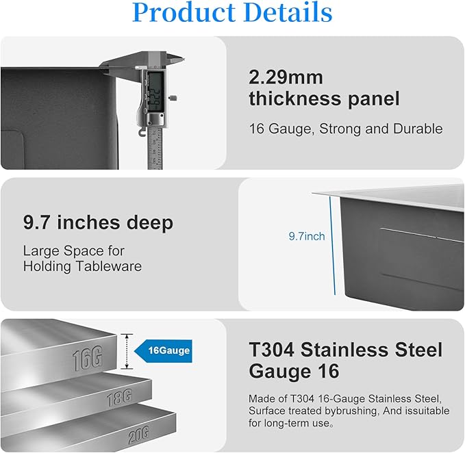 PEPO 33 Inch Kitchen Sink Undermount - 33 x 19 Undermount Kitchen Sink Workstation Deep Single Bowl 16 Gauge Stainless Steel Sinks Basin