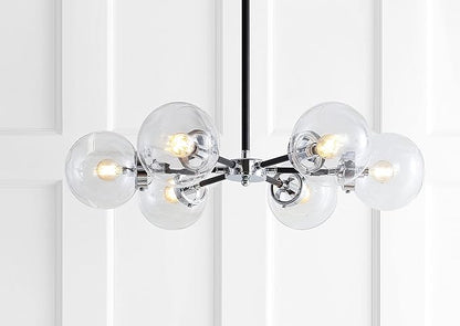 JONATHAN Y 28" Chrome/Black Modern 6-Light Cluster Pendant Chandelier, Clear Glass Shade Hanging Fixture for Kitchen Island Dining Room, LED Bulbs Included, Dimmable (JYL9059A)