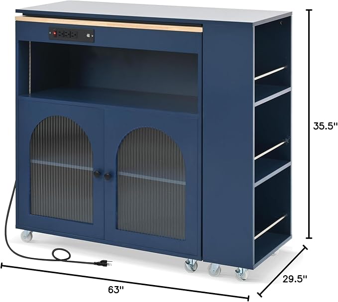 Modern Dining Table Kitchen Island on Wheels with Extended Adjustable Sturdy Stable Easy Clean Luxury Counter Console Decor Living,Blue-MDF