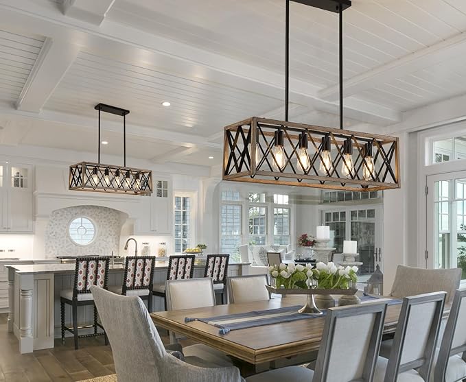 Farmhouse Dining Room Light Fixtures,Rustic Vintage Antique Linear Chandeliers for Dining Room,Kitchen Island,Bar,Office Coffee Shop,Oak White and black Adjustable Hanging Pendant Light 6-Lights