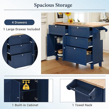 GOWE TOPMAX Farmhouse Kitchen Island Set with Drop Leaf and 2 Seatings,Dining Table Set with Storage Cabinet, Drawers and Towel Rack, Blue+Black+Brown