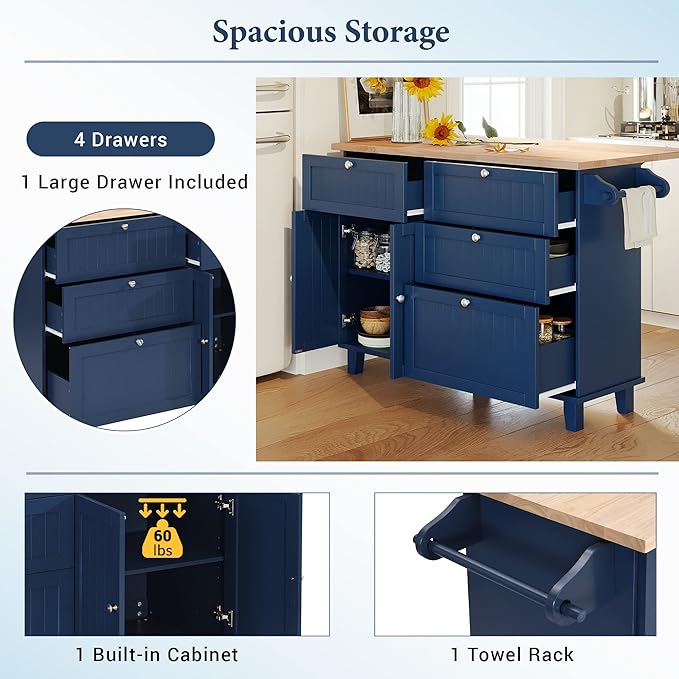 Farmhouse Kitchen Island Set, Rectangular Bar Table with 2 Seatings and Drop Leaf, Dining Table Set with Storage Cabinet, Drawers and Towel Rack for Kitchen, Restaurant, Living Room (Blue)
