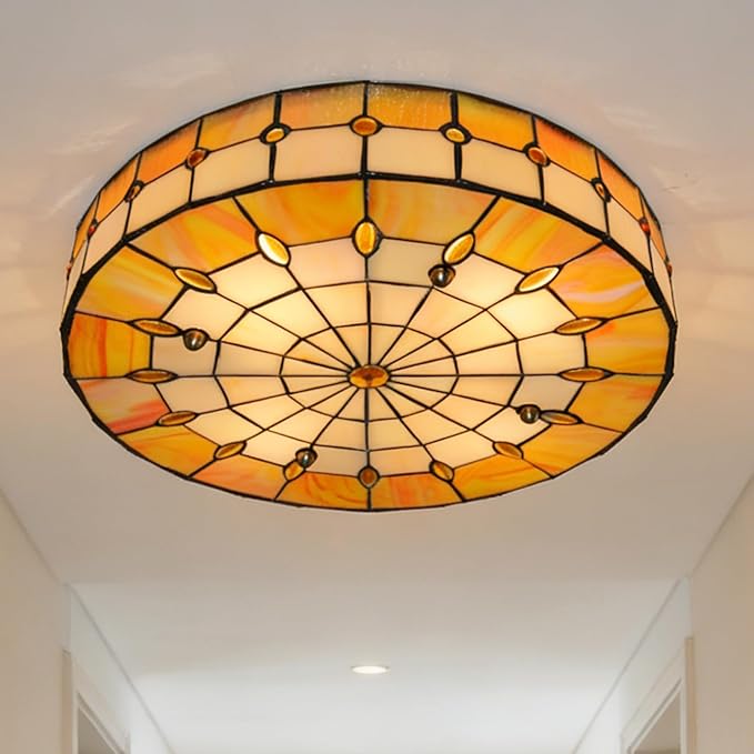 16" Vintage Stained Glass Flush Mount Ceiling Light, 3-Light Stained Glass Flush Mount Ceiling Pandent Light Fixture for Farmhouse Kitchen Island (Antique)