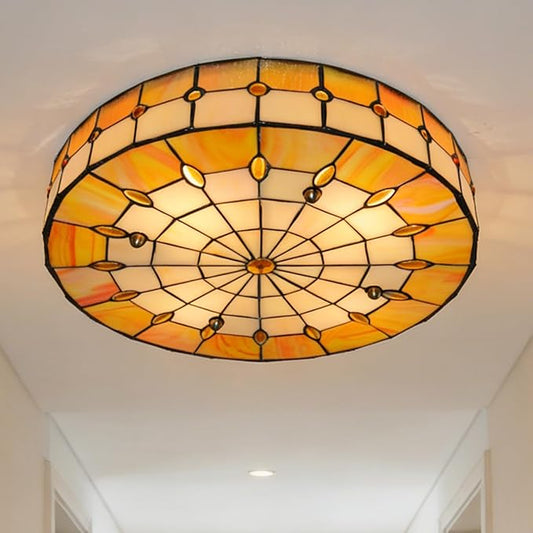 16" Vintage Stained Glass Flush Mount Ceiling Light, 3-Light Stained Glass Flush Mount Ceiling Pandent Light Fixture for Farmhouse Kitchen Island (Antique)