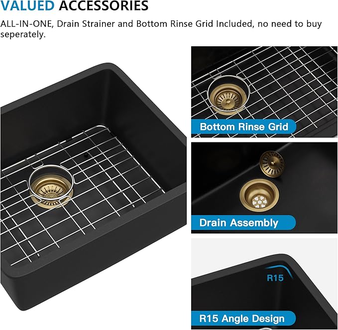21"x17" Undermount Bar Prep Sink – Matte Black Granite Composite Quartz Classic Under Counter Single Bowl Sink Basin for Wet Bar, RV, Small Kitchen