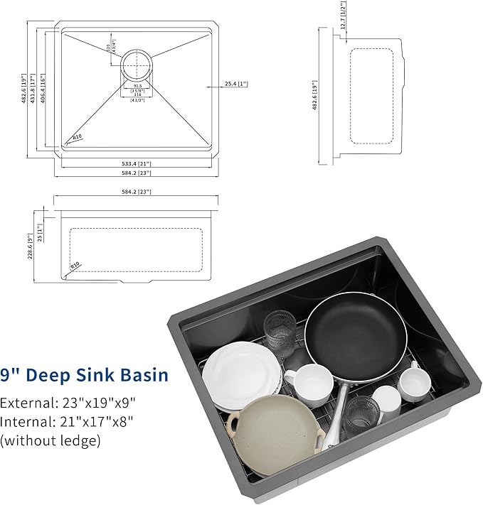 23 Inch Black Undermount Kitchen Sink,16 Gauge Stainless Steel Kitchen Sink Single Bowl, 23"x19"x9" Undermount Sink Ledge Workstation Sinks With All Accessories, Multi-Functional Sinks