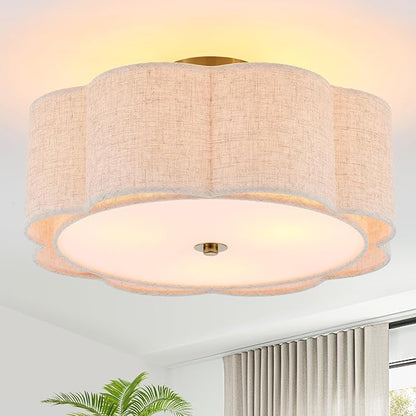 Semi Flush Mount Ceiling Light, Beige Linen Fabric Shade Ceiling Light, Golden Modern Farmhouse Close to Ceiling Light for Bedroom, Hallway, Living Room, Dining Room, Laundry Room