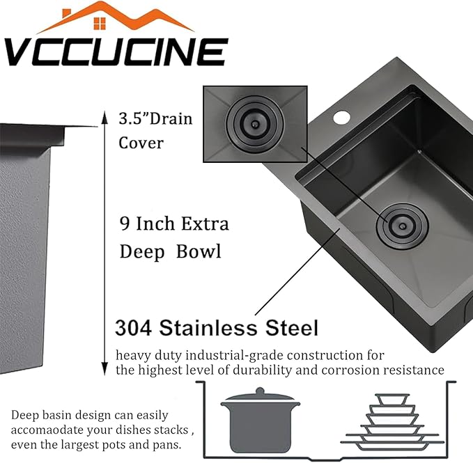 VC CUCINE 15x20 Inch Gunmetal Black Drop-in Bar Sink, Single Bowl, 16 Gauge Stainless Steel, Topmount, Modern, Workstation Sink with Accessories