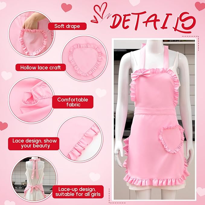 Geyoga Valentine Pink Long Ruffle Aprons for Women with Pockets Kitchen Maid Apron Vintage Skirt Cute Ruffle Dress Costume
