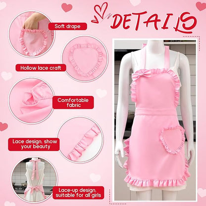 Geyoga Valentine Pink Long Ruffle Aprons for Women with Pockets Kitchen Maid Apron Vintage Skirt Cute Ruffle Dress Costume