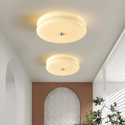 Bofea-Modern Minimalism Semi Flush Ceiling Light, Round Milk Yellow Glass LED Ceiling Light, Nordic Flush Mount Ceiling Light Fixture Decorate for Bedroom Corridor &Kitchen Island