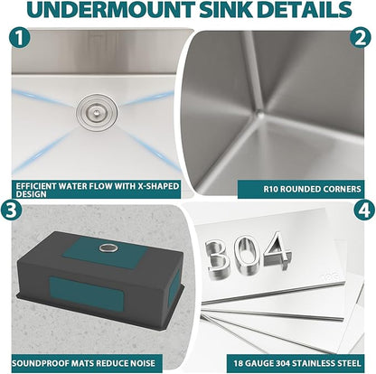 Undermount Kitchen Sink 33x19x9 Inch Deep Single Bowl 18 Gauge Stainless Steel Under Counter Sinks Basin With Drain Strainer