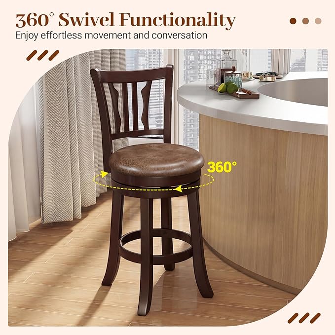 Giantex Swivel Bar Stools Set of 2, 26" Upholstered Counter Height Bar Chairs with Back, Faux Leather Seat, Solid Rubber Frame & Wrap-Around Footrest, Wooden Barstools for Kitchen Island, Pub