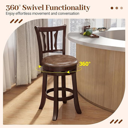 Giantex Swivel Bar Stools Set of 2, 26" Upholstered Counter Height Bar Chairs with Back, Faux Leather Seat, Solid Rubber Frame & Wrap-Around Footrest, Wooden Barstools for Kitchen Island, Pub