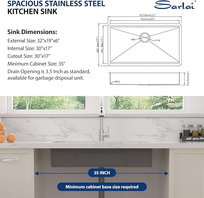 Sarlai ADA Undermount Kitchen Sink, 32 Inch Undermount Workstation Kitchen Sink 6-Inch Low Depth ADA Compliant Single Bowl 16 Gauge Stainless Steel 32x19 Inch Under Mount Handmade Sinks Basin