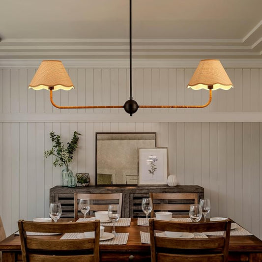 VILUXY 2-Light Linear Chandelier Kitchen Island Lighting Fixture with Rattan Shade 47’’ Farmhouse Linear Light Fixture for Dining Room, UL Listed