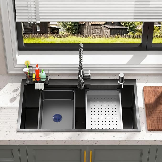 Stainless Steel Kitchen Sink with Faucet: 30-Inch Drop In Single Bowl Farmhouse Workstation Sink - Noise Reducing Design & Accessories Included (Black, 3018)