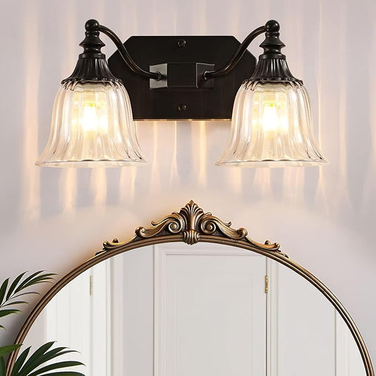 Black Vintage Bathroom Vanity Light Fixture, 2-Light Vanity Light for Bathroom, Antique Matte Black Finish with Crystal Glass Shade, Lighting Fixtures Over Mirror for Bedroom Living Room