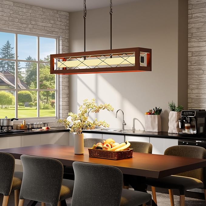 39.4" Farmhouse Dining Room Light Fixture Over Table, Rustic Wood Linear Chandeliers for Dining Room, 34W LED Dimmable Kitchen Island Lighting, Hanging Rectangular Pendant Light with Remote