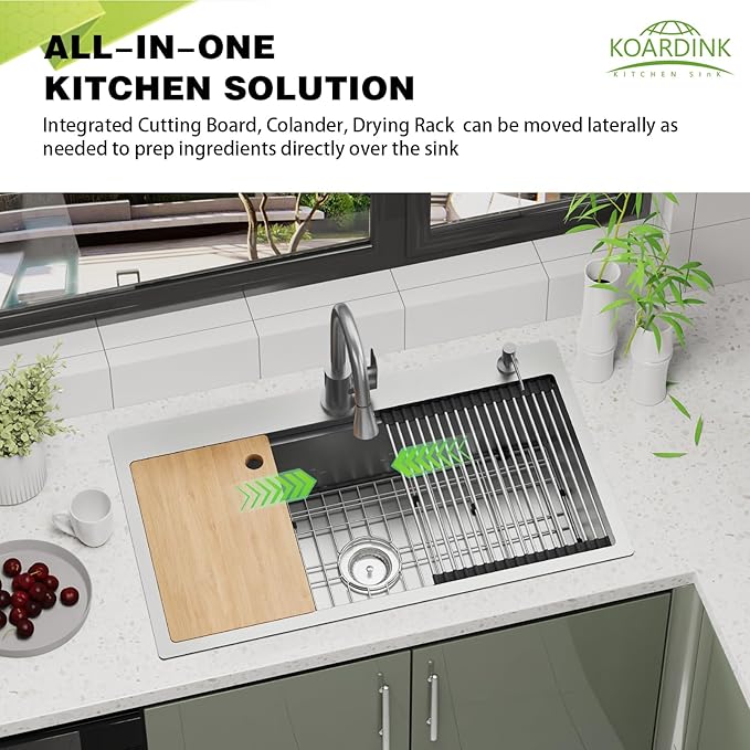 Kitchen Sink Workstation, 33x19 In Stainless Steel Drop In Modern Large Single Bowl Workstation Sink Gift Combo-SS Grid,Drying Rack,SS Colander,Cutting Board,Drain Assembly For Various Kitchen Style