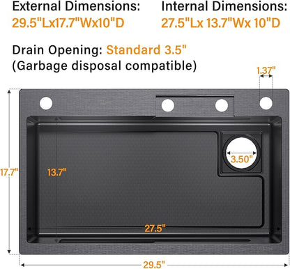 Drop In Kitchen Sink with Faucet, 29.5x17.7x10" Basin Depth Undermount Kitchen Sinks, Stainless Steel Sink with Cup Washer, Drain Strainer, Cutting Board, Colander, Storage Basket & Roll-up Rack