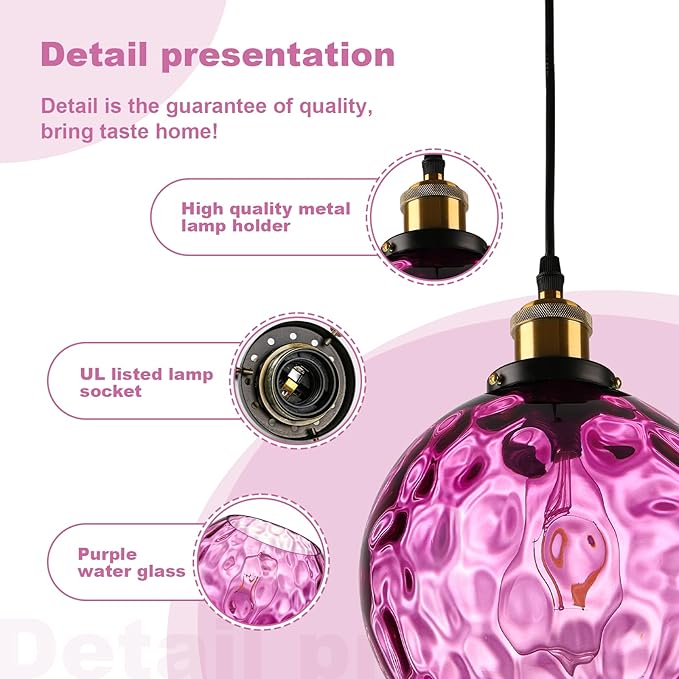Corner Plug in Pendant Light Vintage Purple Glass Ceiling Hanging Light Dome Shade Island Light Fixtures for Bedroom Living Room Dining Room, Grow Light