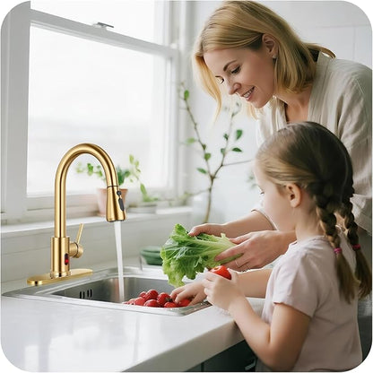 Touchless Kitchen Faucet with Pull Down Sprayer - Brushed Gold Single Handle Kitchen Faucets, High Arc Stainless Steel Pull Out Kitchen Sink Faucet with Deck for RV Laundry Farmhouse Bar