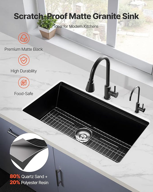 VEVOR 33 inch Kitchen Sink Workstation, Top Mount Granite Sinks, Drop-In Single Bowl Farmhouse Basin with Multiple Accessories, Household Dishwasher Sinks (19"D x 33"W x 10"H)