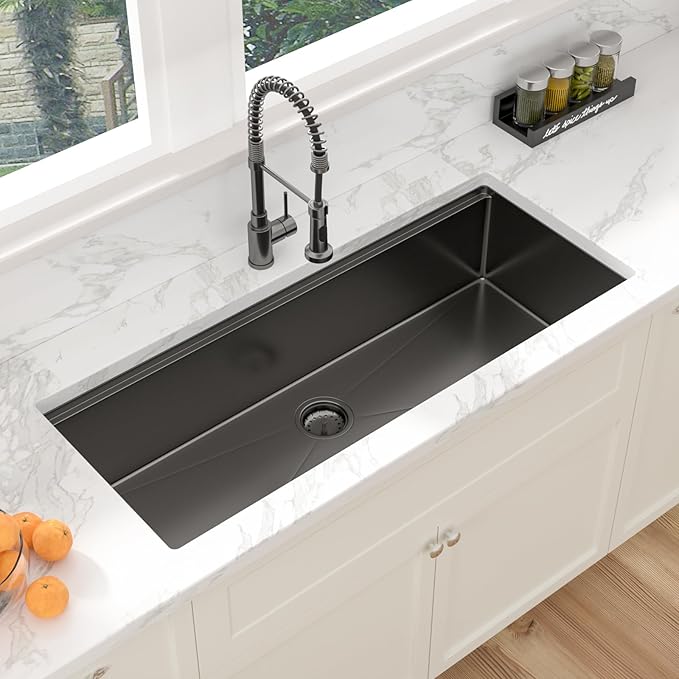 Sarlai 45 Black Undermount Kitchen Sink Workstation NANO-PVD Kitchen Sink with Ledge Round Corner 16 Gauge Stainless Steel Gunmetal Black Single Bowl Sinks Basin 45"x19"x10"