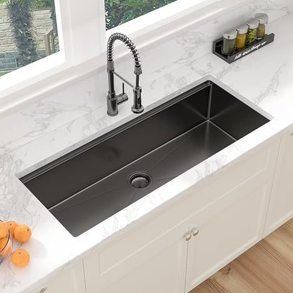 Sarlai 45 Black Undermount Kitchen Sink Workstation NANO-PVD Kitchen Sink with Ledge Round Corner 16 Gauge Stainless Steel Gunmetal Black Single Bowl Sinks Basin 45"x19"x10"