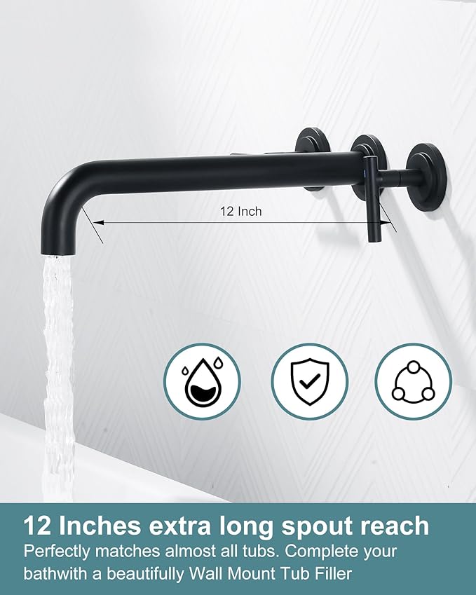 WOWOW Wall Mount Tub Filler: Matte Black Tub Faucet High Flow Two Handles Solid Brass, Long Spout Reach, Bathroom Bathtub Faucets with 2 Handles Tub Faucet with Brass Rough in Valve Included