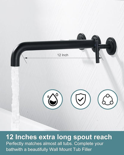 WOWOW Wall Mount Tub Filler: Matte Black Tub Faucet High Flow Two Handles Solid Brass, Long Spout Reach, Bathroom Bathtub Faucets with 2 Handles Tub Faucet with Brass Rough in Valve Included