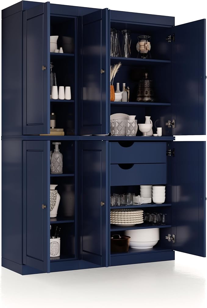 Palace Imports Solid Wood Kitchen Pantry Cabinet - 71.5" H x 48.5" W - Freestanding Storage Pantry w/ 2-Drawer Kit & Adjustable Shelves - Navy Blue, Renewable Eco-Friendly 100% Wood, Made in Brazil