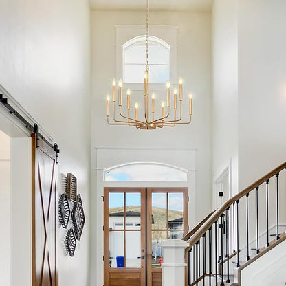 Gold Farmhouse Chandelier, Industrial Metal 12-Light Candle Chandeliers, Rustic Pendant Lighting for Kitchen Island, Dining Room, Living Room, Staircase