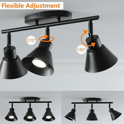 Modern 3-Light Track Lighting Fixture, Black Metal Ceiling Spotlight with Flexible Rotatable Heads, GU10 Base Directional Track Light for Kitchen, Hallway, Living Room & Gallery