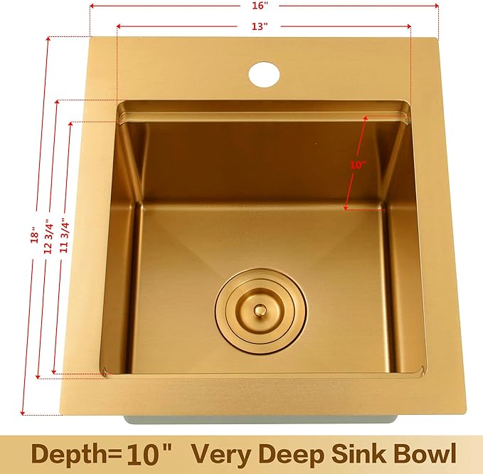 LQS Brushed Gold Finish Kitchen Sink, Small Gold Drop In Bar Sink 16” x 18” with Cutting Board, 16 Gauge Stainless Steel Golden Kitchen Sink, 10” Depth For Daily Use, Outdoor and Prep Use